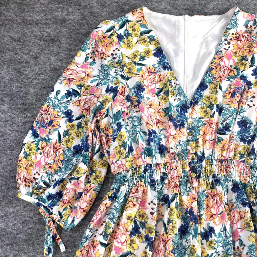 Taylor Floral V-Neck Smocked Dress Womens M Multicolor Boho Chiffon Cottagecore - Picture 3 of 12